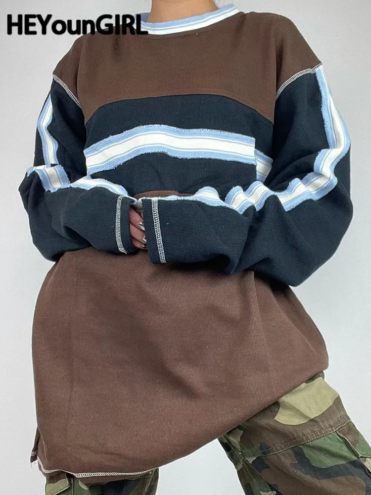 

Футболка HEYounGIRL женская оверсайз, трикотажный топ в стиле пэчворк с длинным рукавом, в стиле преппи, повседневный Свободный Светлый пуловер, ...