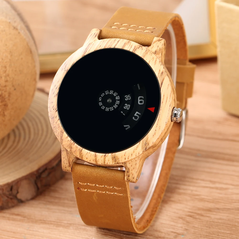 

Rotatable Digital Dial Wooden Case Quartz Watches for Men Women Genuine Leather Casual Fashion Men's Wristwatch