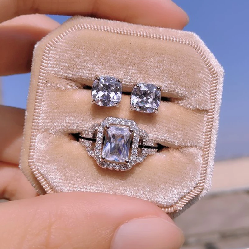 

UILZ 2022 New Luxury Fashion Silver Color Square CZ Jewelry Set for Wedding Women Dubai Ring Earring Party Gift Bijoux