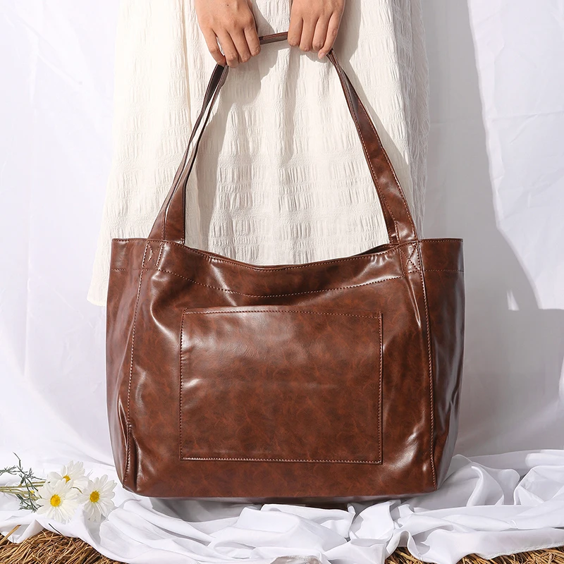 

Vintage Pu Large Capacity Women's Tote Bags Luxury Brand Oil Wax Leather Handbag Casual Shopper Shoulder Bag Sac A Main Femme