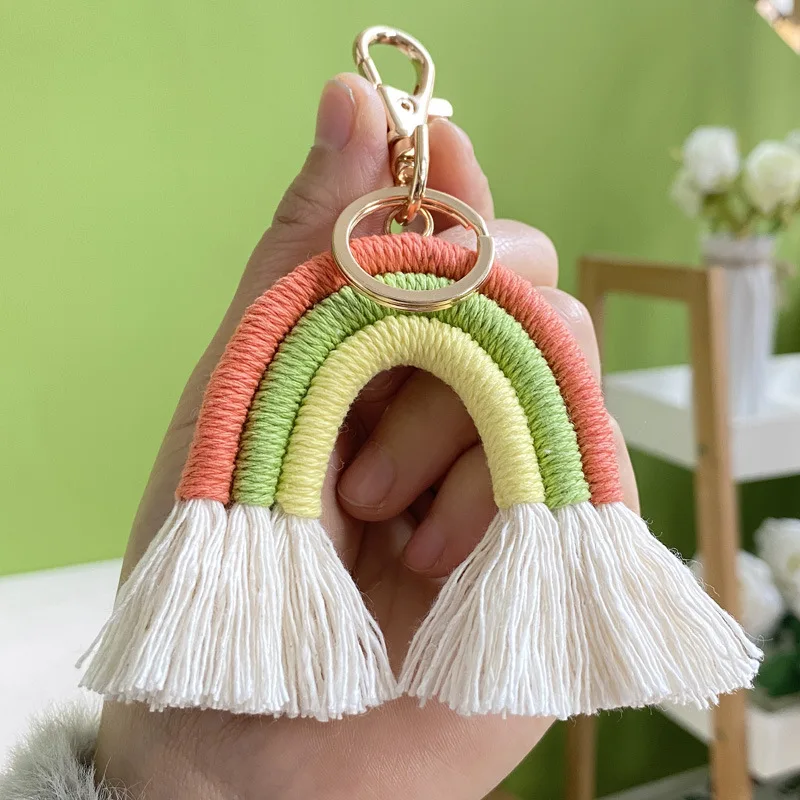 2022 Boho Cotton Rainbow Tassel Keychains For Women Cute Macrame Weaving Car Keyring Holder Bag Wallet Purse Jewelry Accessories images - 6