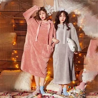 flannel women nightdress autumn winter coral fleece hooded thicken warm home soft females leisure sleepwear loungewear