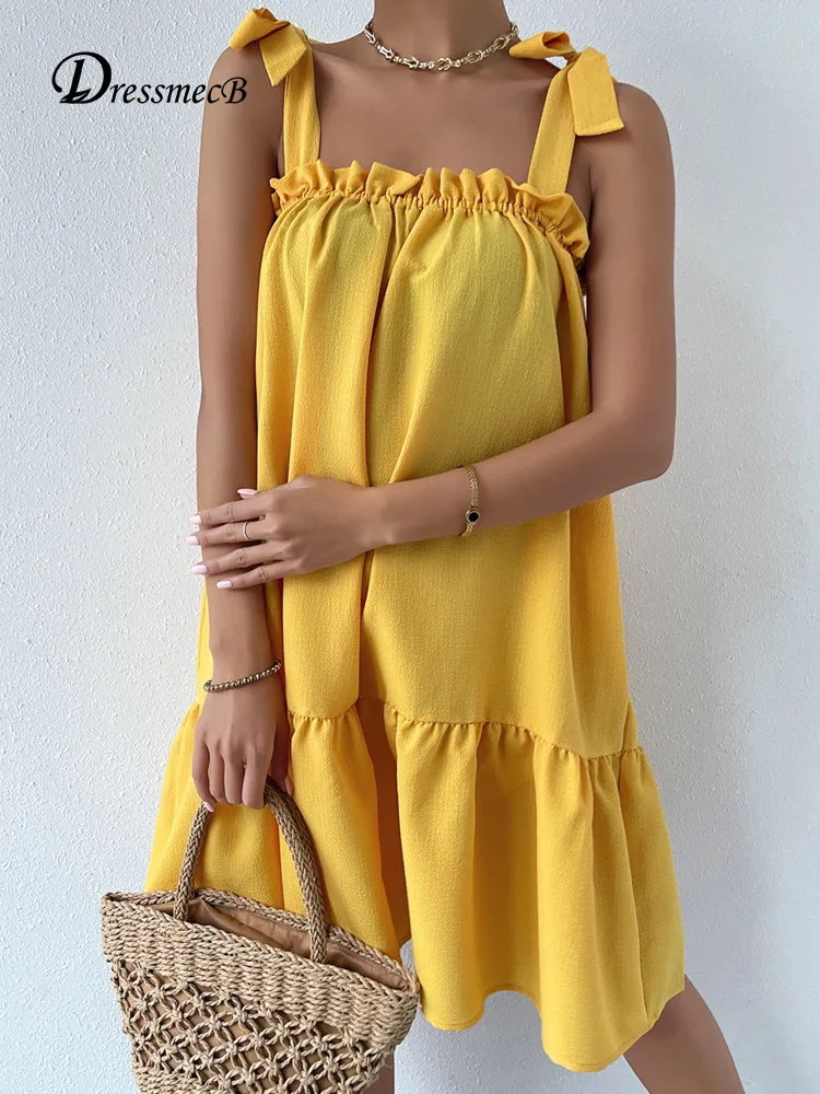 

Dressmecb Solid Ruffle Spaghetti Strap Mini Dress Women Backless Loose Summer Dresses 2022 Holiday High Street Casual Vestidos