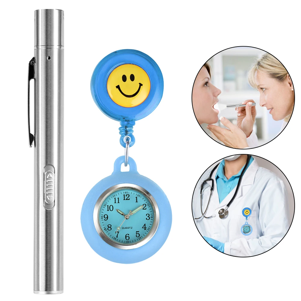 2PCS Nurse Watch Set with Clip-on Cute Smiling Brooch Pendant Hanging Pocket Watch Medical Led Flashlight Penlight for Doctor