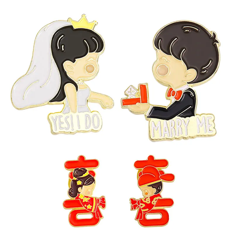 

Cartoon Cute Wedding Enamel Pins Couple Badge Bride Groom Shape Brooches Men Women Clothing Accessories Anniversary Gift