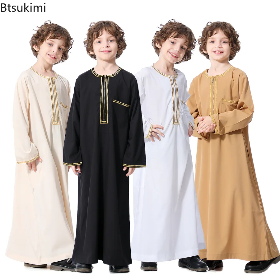Enfant Size110-160 Muslim Boys Jubba Thobe Middle East Arabic Kids Abaya Long Dress Islamic Teenagers Solid Color Robe Djellaba