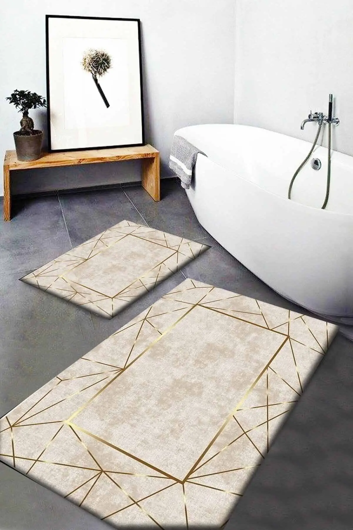 

Bathroom Mat Set Soho Yellow Brown Marble Patterned Washable Non-Slip Base 2-Piece Bathroom Rug Mop Toilet Set