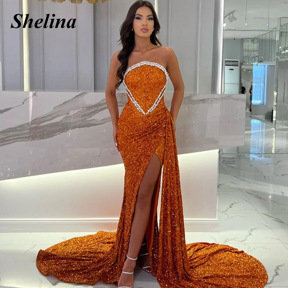 

Shelina Charming Strapless Homecoming Dresses Sequined Crystal Pleat Split Trumpet Sweep Train Vestido De Noite Custom Made