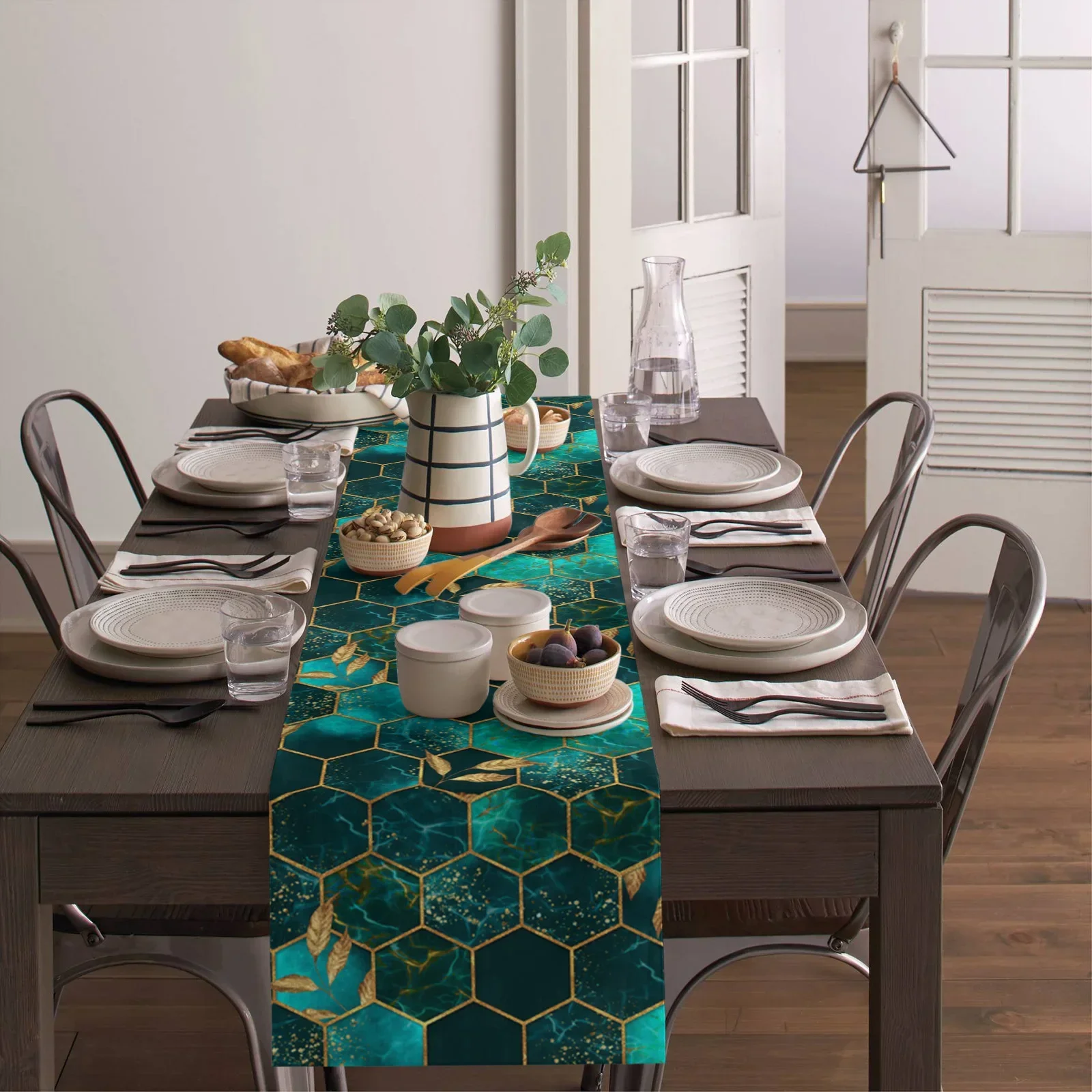 Мраморная сотовая текстура зеленая льняная дорожка для стола украшение