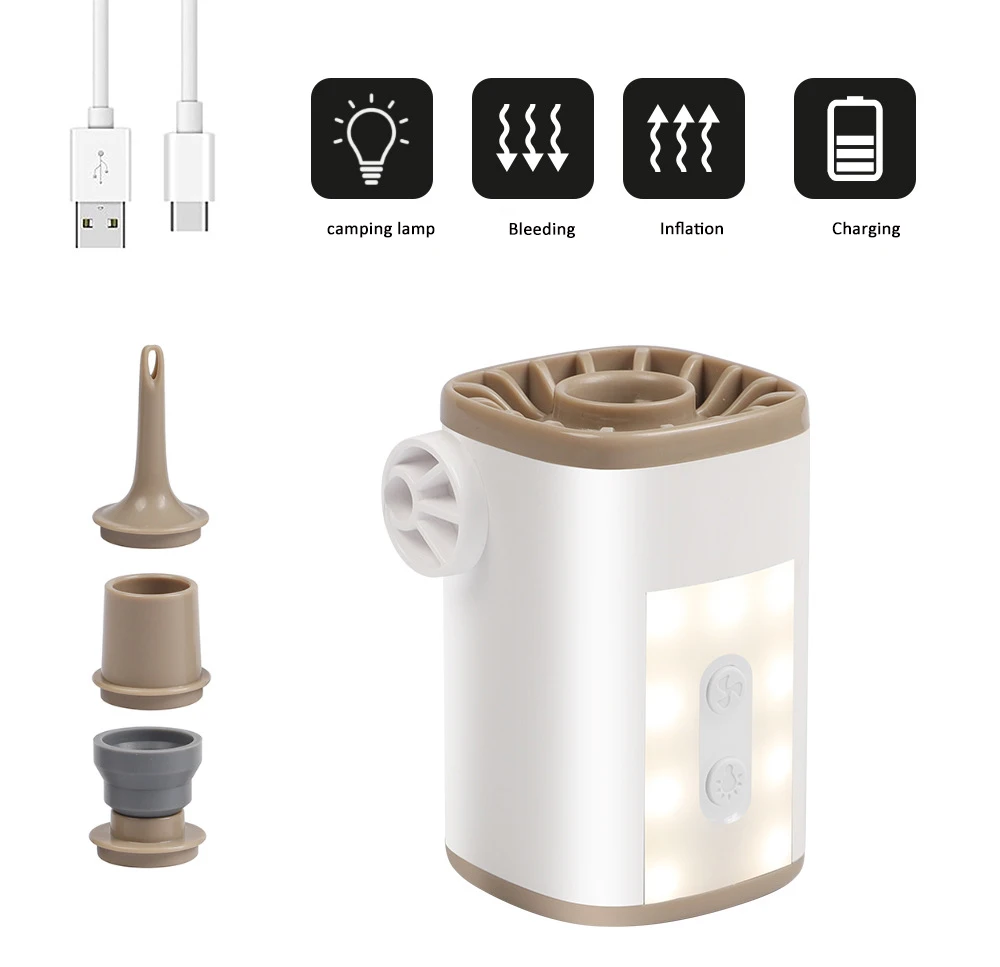 

Portable Camping Air Pump With Chargeable Lamp Fast Inflation/Deflation For Mattresses And Multi-Purpose Use With 4 Nozzles