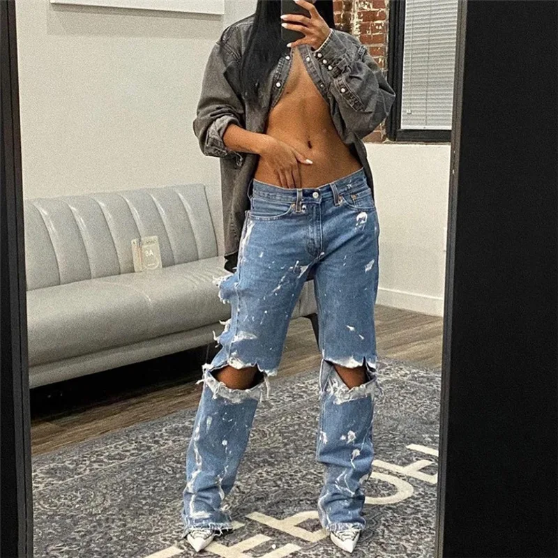 

Women's 2022 summer new street INS net red with the same fashion hollow hole painted high waist straight slim casual jeans