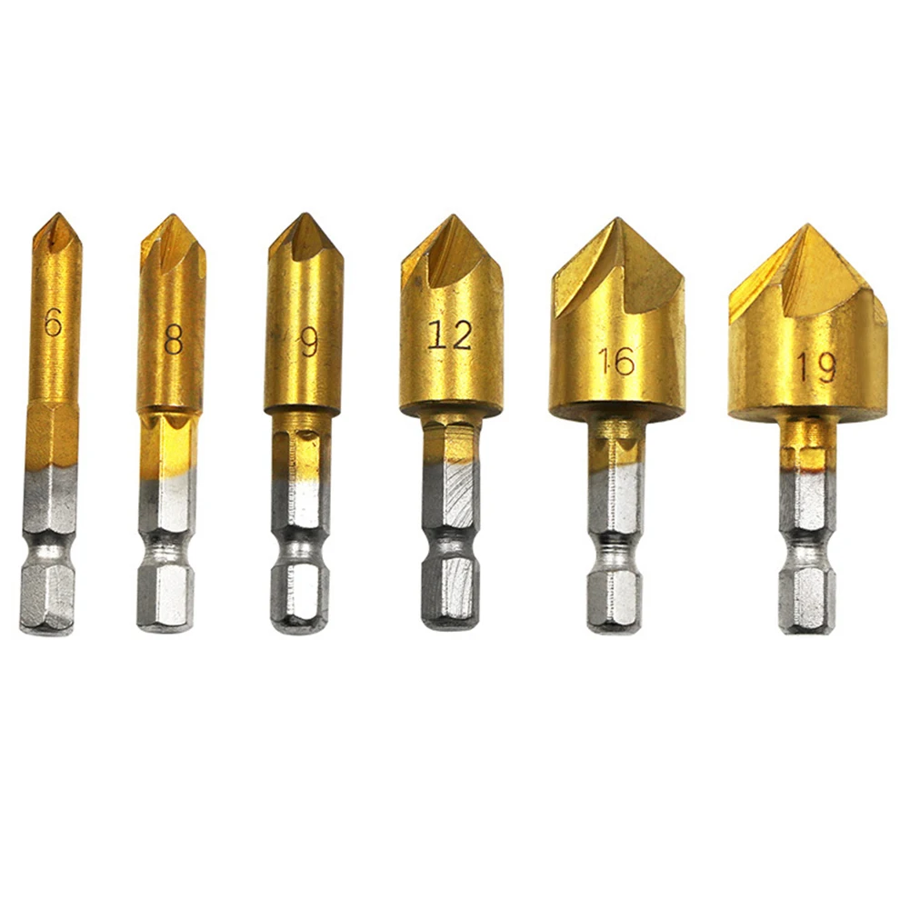 

6pcs HSS Hex Shank Countersink Drill Bit 6-19mm Set Titanium Coated 5 Flute Hole Drill 90 Degrees Wood Chamfering Cutter