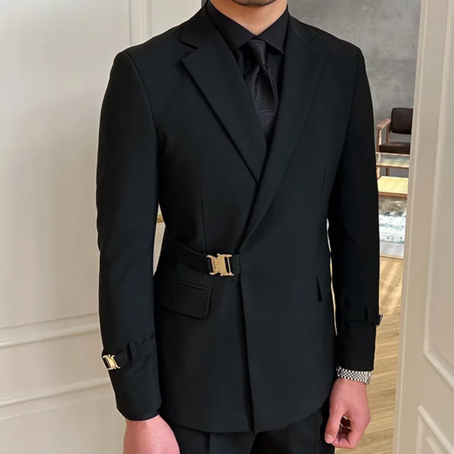 Solid Metal Buckle Decoration Blazer For Men Party Wedding Banquet Blazer Italian Designer Suit Jacket Slim Fit Blazer Male Suit 2