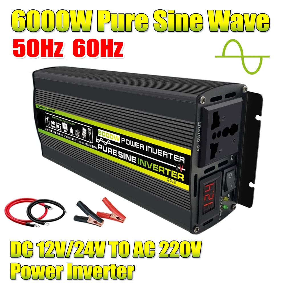 

Солнечный инвертор с чистой синусоидой, 60 Гц, 50 Гц, 6000 Вт, интеллектуальный цифровой дисплей, преобразователь напряжения 12 В, 24 В в 220 В, автомо...