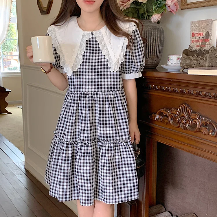 Милое летнее платье-миди в клетку с коротким рукавом модные блузки 2022 дешевая