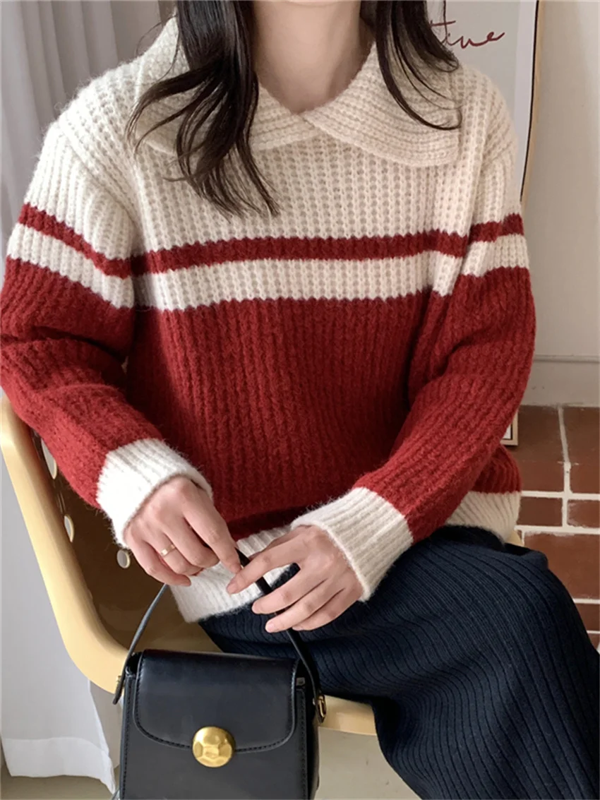 

HziriP 2023 Preppy Style Sweaters Women Spring Sweet OL Knitwear Gentle Outwear Pullovers Chic Loose New All Match Patchwork