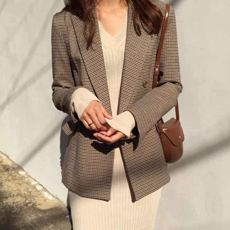 

Double Breasted Office Ladies Plaid Blazer Long Loose Jacket Houndstooth Suit Coat Jacket Women blazers Female 2021