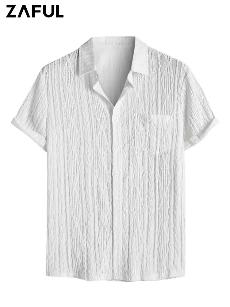 

ZAFUL Solid Men's Shirts Textured See-through Openwork Short Sleeves Shirt Summer Streetwear Thin Sheer Top with Pocket Z5096876