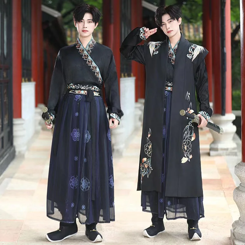 Черное темно-осенне-зимнее мужское платье ханьфу с вышивкой традиционный