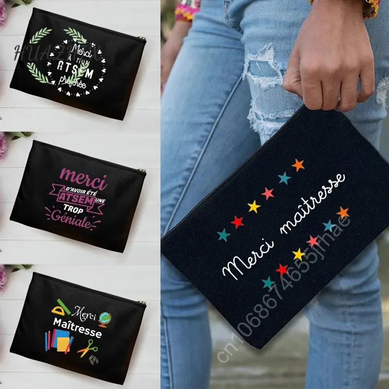 

French Thank You Print Mistress Black Merci Teacher's Storage Bag Special Purpose Cosmetic Bags Travel Wash Pouch Teacher Gifts