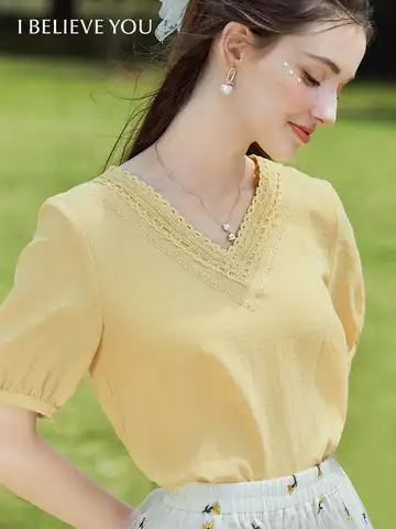 I BELIEVE YOU Summer Top New Fashion Woman Blouses 2022 French V-Neck Half Sleeve T-Shirts Slim Temperament Blouses 2212053900