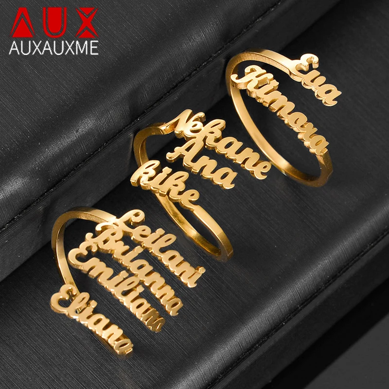 Auxauxme Customized 1-4 Names Family Rings for Dad Mom Kids Stainless Steel Open Rings Jewelry Gifts Dropshipping
