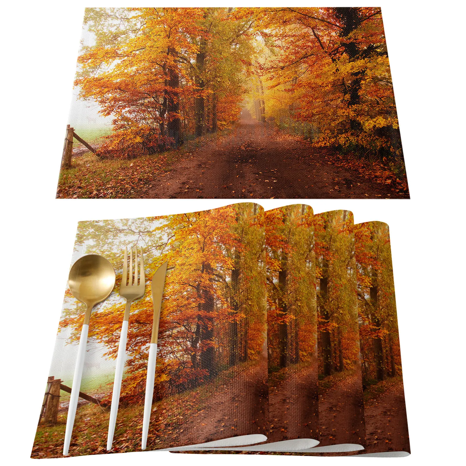 

4/6pcs Placemats Set Maple Leaves Deciduous Forest Table Mats Cotton Linen Kitchen Accessories Home Decorative Coaster