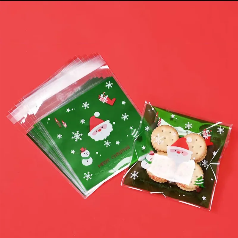 

100pcs 10x10cm Christmas Candy Cookie Gift Bags Plastic Self-adhesive Biscuits Snack Packaging Bags Xmas Party Decoration Favors