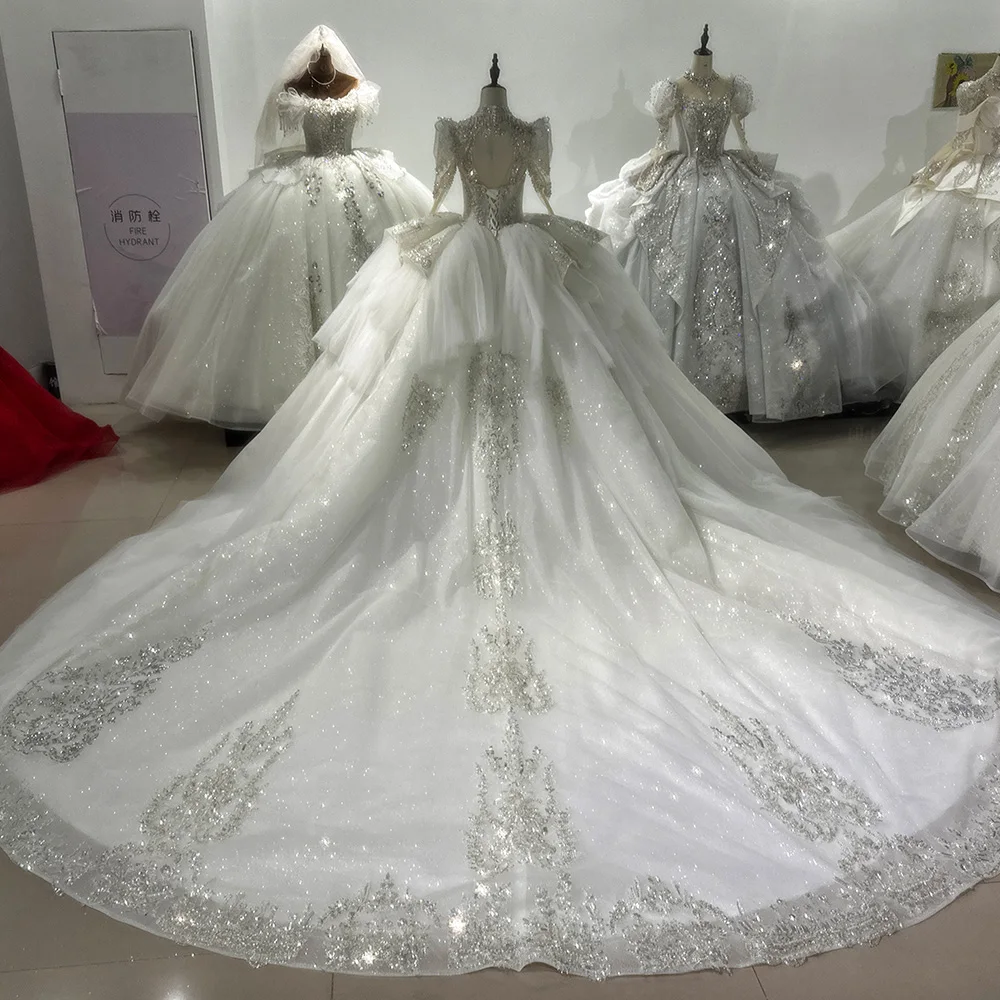 Фото Роскошные женские свадебные платья с высоким воротом на заказ, яркое свадебное платье длиной до пола, с длинными рукавами, платья принцессы de novia XS051 №2