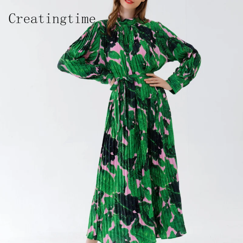

Элегантный принт шифон плиссированное длинное платье для женщин весна 2023 новый стенд воротник свободный с поясом мода женская одежда 1A891