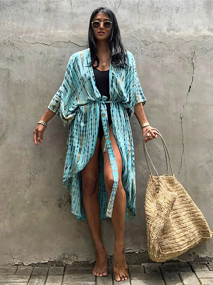 

2023 Sexy Bikini Cover-ups Beach Pareo Stripes Tie Dye Kimono Swimsuit Dress Summer Women Beachwear Boho Bathing Suit Cover Up