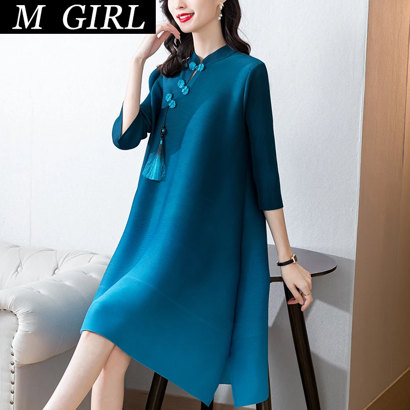M GIRLS High-end Miyak Pleated Loose Dress Autumn Spring Chinese Style Evening Party Mid-length Dress Women Stretch Gradient