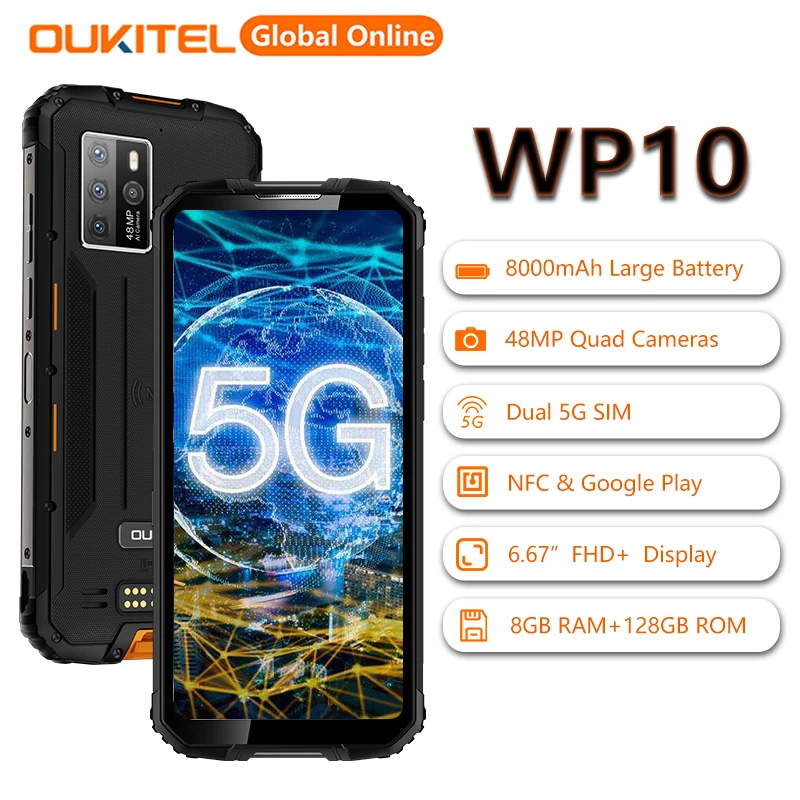 

OUKITEL WP10 5G NFC Rugged Smartphone 8000mAh 6.67'' 8GB+128GB Fast Charging Cell Phone 48MP Octa Core Android10 Mobile Phone