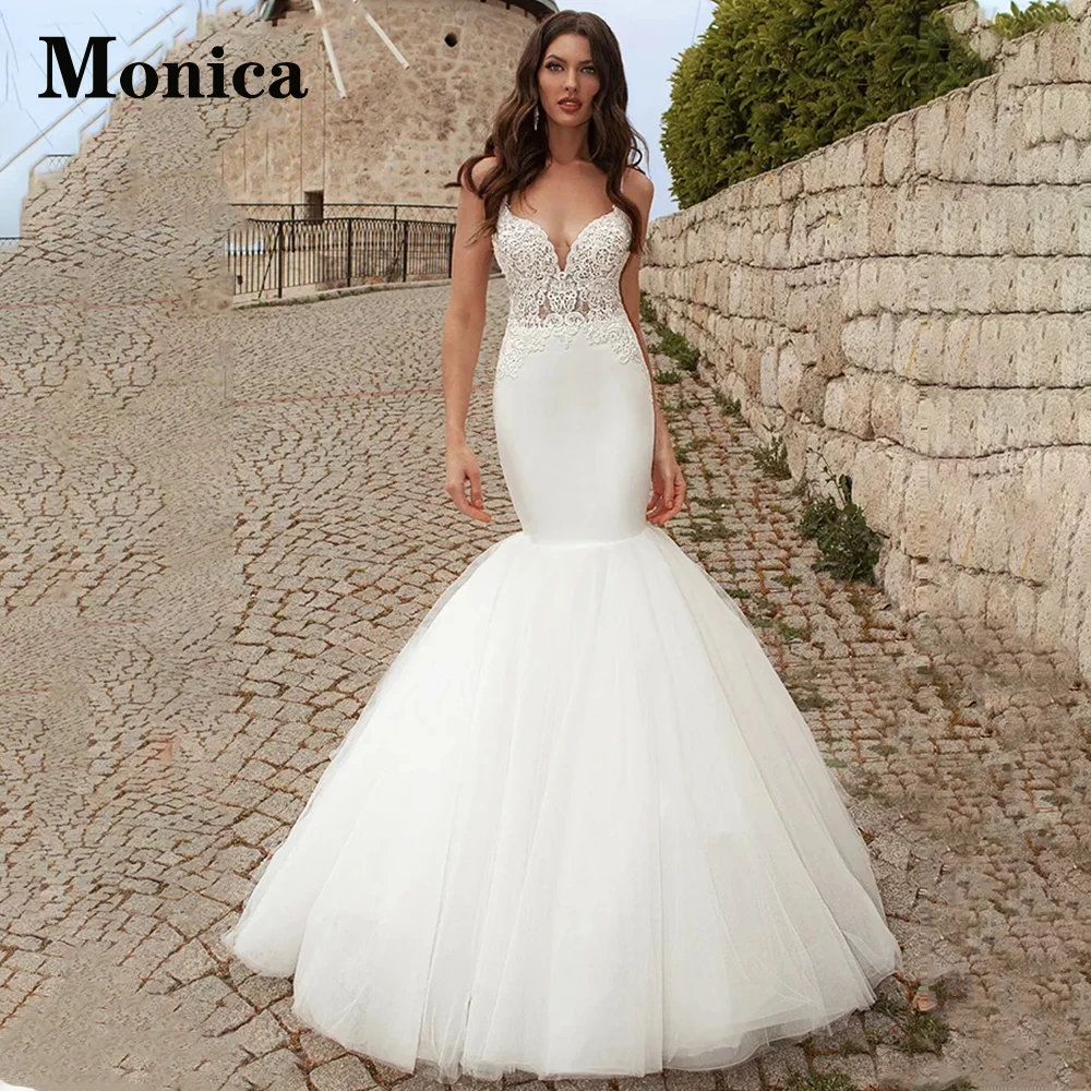 

MONICA Trumpet Sexy Spaghetti Straps Attractive Sweetheart Wedding Dresses For Bride Appliques Custom Made Vestido De Casamento