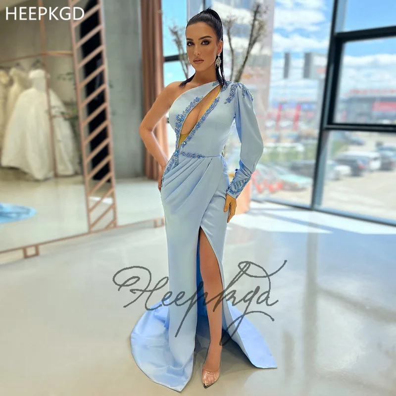 

Long Sleeve Baby Blue Evening Dress High Slit One Shoulder Chic Beading Satin Women Formal Gowns For Wedding Party