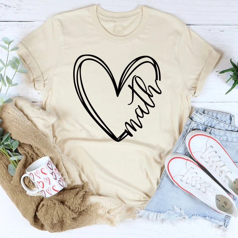 New summer cotton math Heart letter print vintage crewneck fashion new short-sleeved casual T-shirt