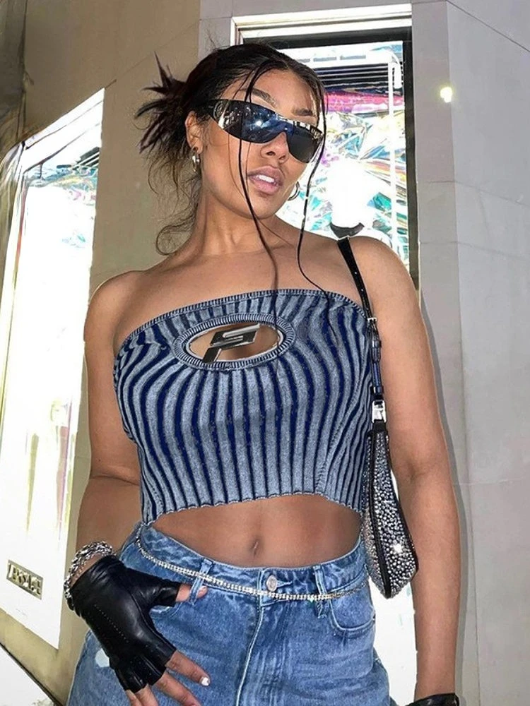 

Sexy Metal Letter Hollow Out Blue Stripe Knit Tanks Tube Top for Women 2023 Fashion Slim Crop Top 2000s Y2k Clothes Streetwear