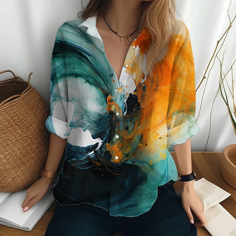 

Уникальная креативная цветная рубашка с принтом, Повседневная рубашка для поездок, женская Свободная Повседневная рубашка, топы, осенняя Базовая рубашка с длинным рукавом