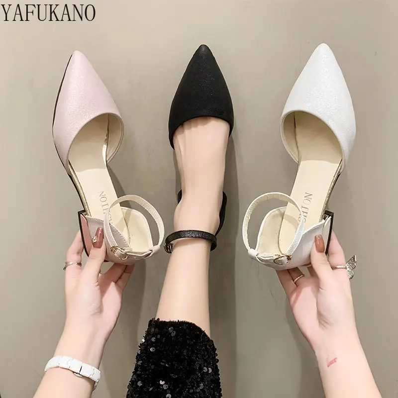 

Minimalist Pointed Toe Chunky Heel Ankle Strap Pumps Mid Hollow Women Sandals Fashion Low Heel Comfort Office Work Shoes Size 33
