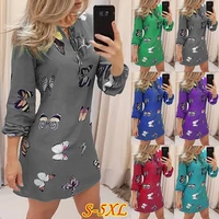 new fashion women autumn and winter vintage print dress v neck casual dress long sleeve loose dress plus size