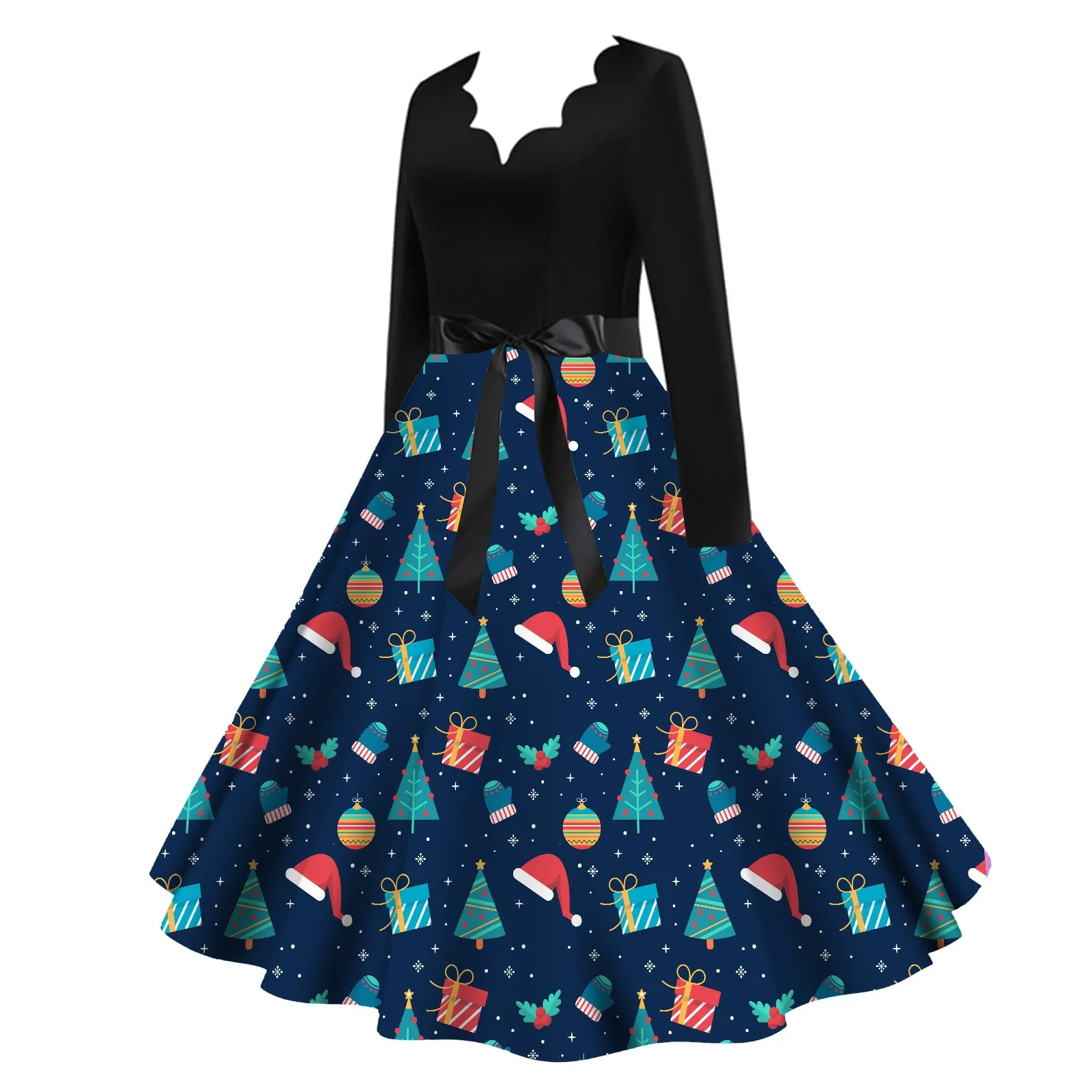 

Christmas Women's Dress Autumn Winter Classic Tea Dress Long Sleeve V Neck Dress With Belt Swing Cocktail Party Dresses Xmas