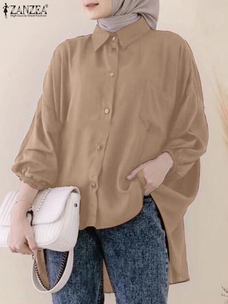 

Модная мусульманская блузка ZANZEA с длинным рукавом, Женская винтажная рубашка Eid Mubarek, Женские однотонные топы с лацканами и воротником, блузки с асимметричным подолом для женщин