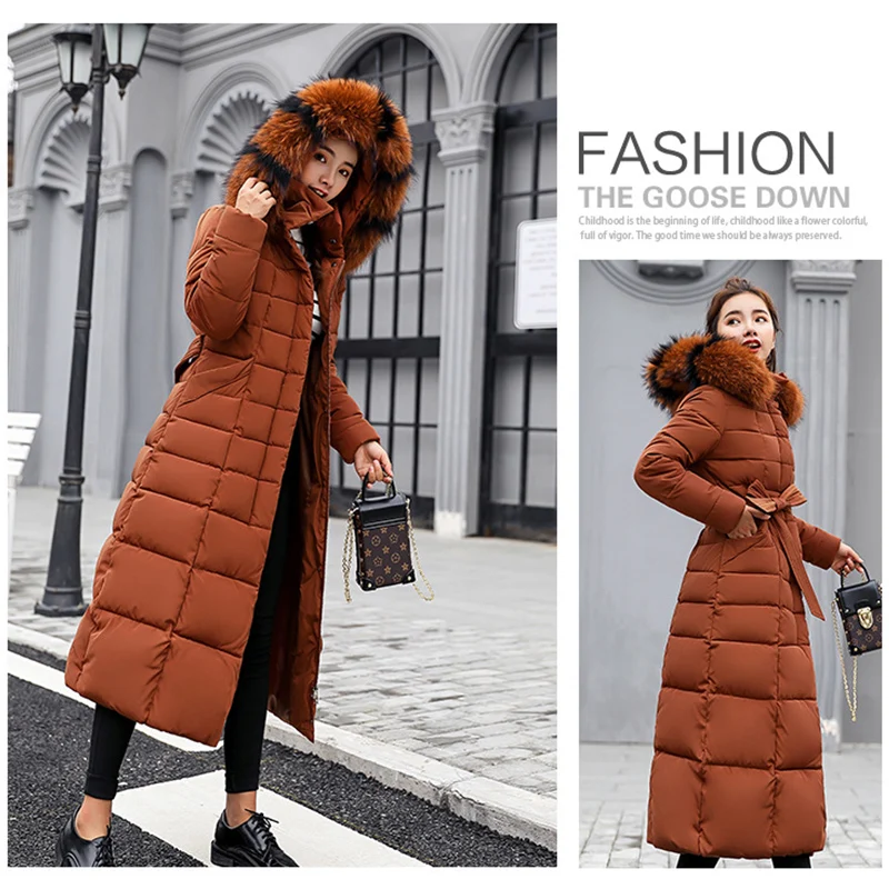 Winter Women Warm Jacket Long Parka Fashion Bow Belt Faux Fur Collar Slim Coat Long Dress Lady Down Cotton Outwear Thick Coat