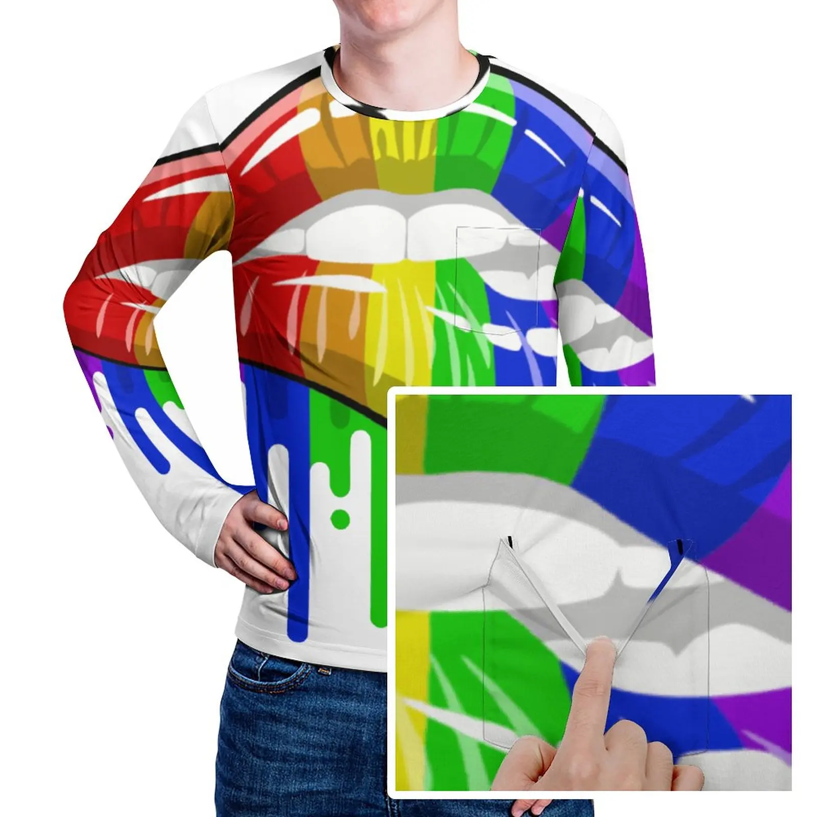 

LGBT Lips in Rainbow Flag Colours T-Shirt Pride Trending T Shirts With Pocket Long Sleeve Graphic Tops Daily Oversize Top Tees
