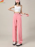 dfrcaeg 2022 summer pink denim pants women with belt high waist pockets full length ladies wide leg jeans trousers hot sale