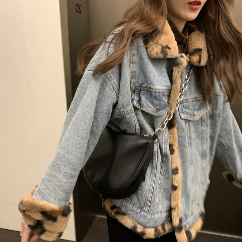 denim Both Sides Wear Denim Jacket Female Korean Style Loose Leopard Print Faux Rabbit Fur Coat Winter Autumn Jacket Woman