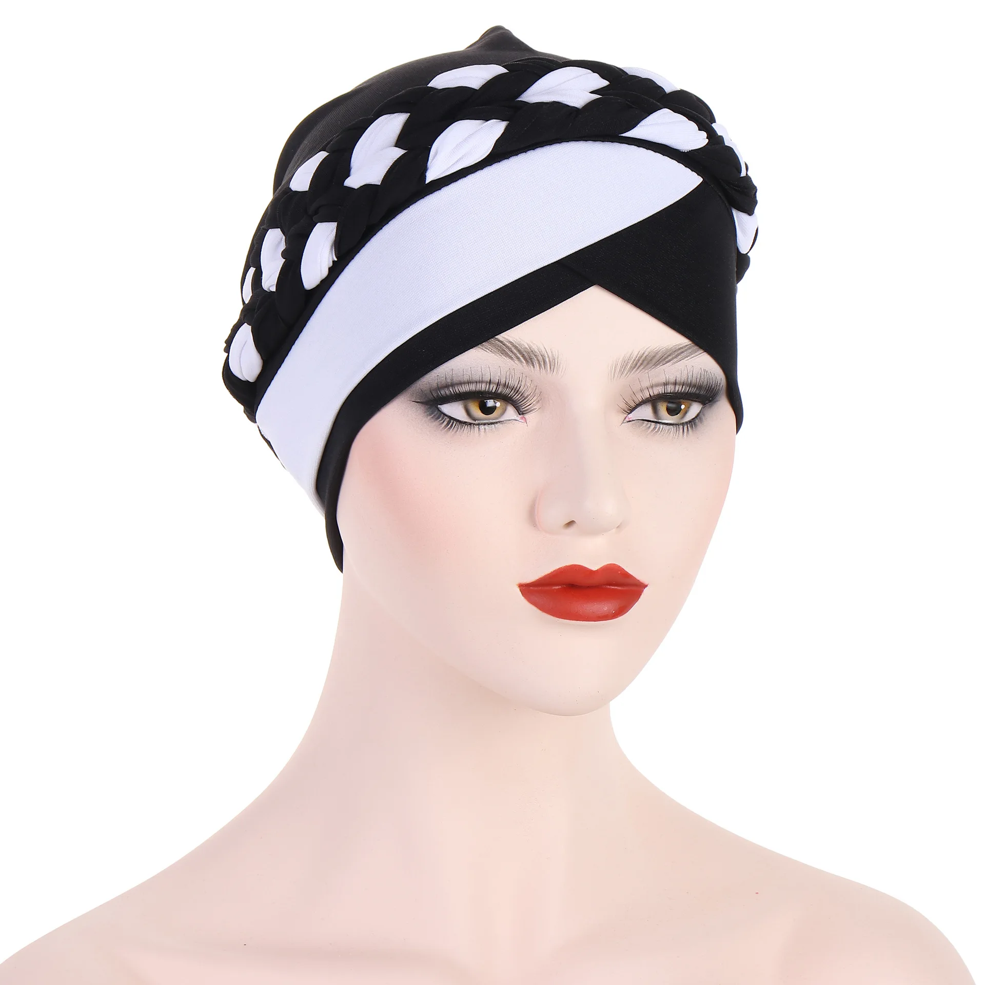 Muslim Women Hijabs for Ramadan Clothing Elegant Elastic Turban Forehead Cross Hijab Cap with Braid Decor Arabic Female Cap
