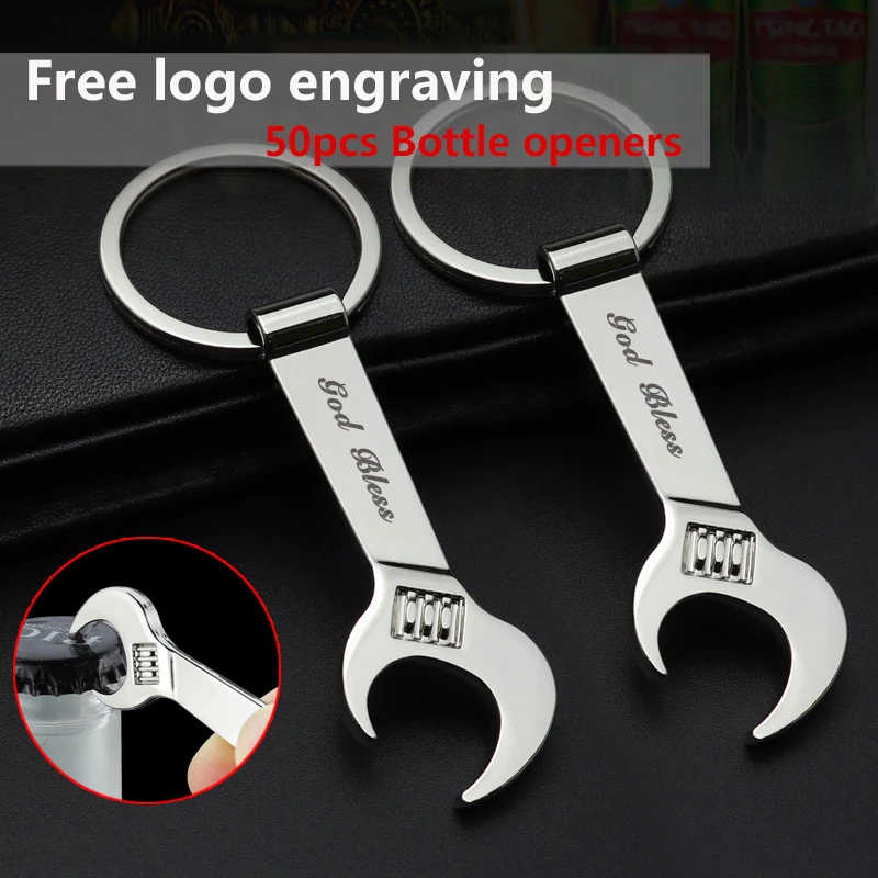 

50pcs Multi-functional Beer Bottle Openers Mini Wrench Keychain Laser Engraving Logo Custom Gifts Party Supplies Kitchen Gadgets
