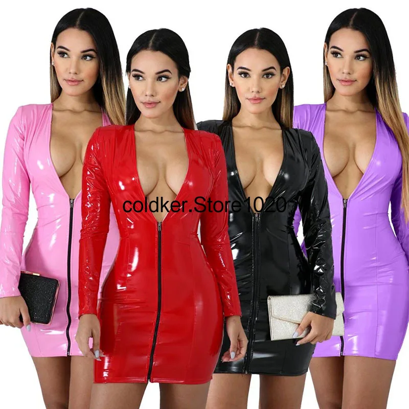 

Женское платье из искусственной кожи на молнии, с длинным рукавом и глубоким V-образным вырезом