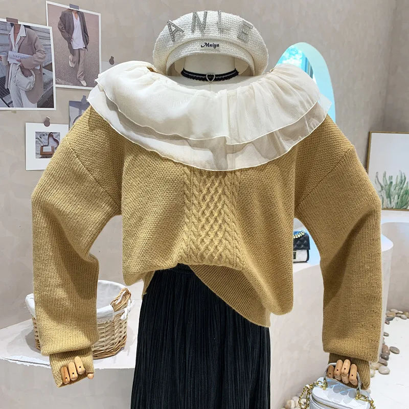 

Новинка, женская одежда, зима 2022, вязаный свитер с длинными рукавами и рюшами, Свободный пуловер, Топ